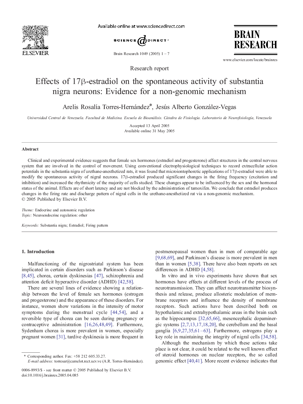 Effects of 17Î²-estradiol on the spontaneous activity of substantia nigra neurons: Evidence for a non-genomic mechanism