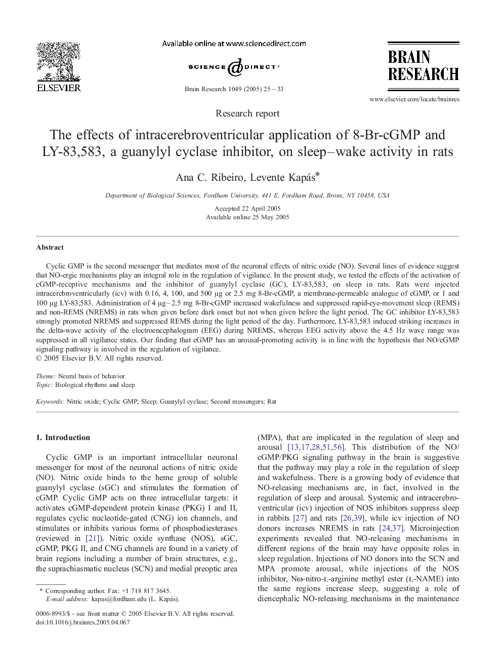 The effects of intracerebroventricular application of 8-Br-cGMP and LY-83,583, a guanylyl cyclase inhibitor, on sleep-wake activity in rats