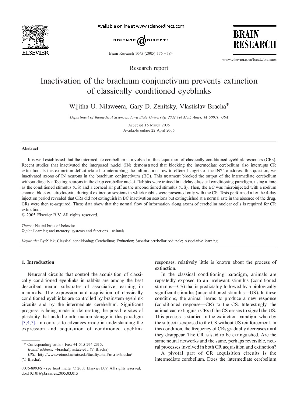 Inactivation of the brachium conjunctivum prevents extinction of classically conditioned eyeblinks