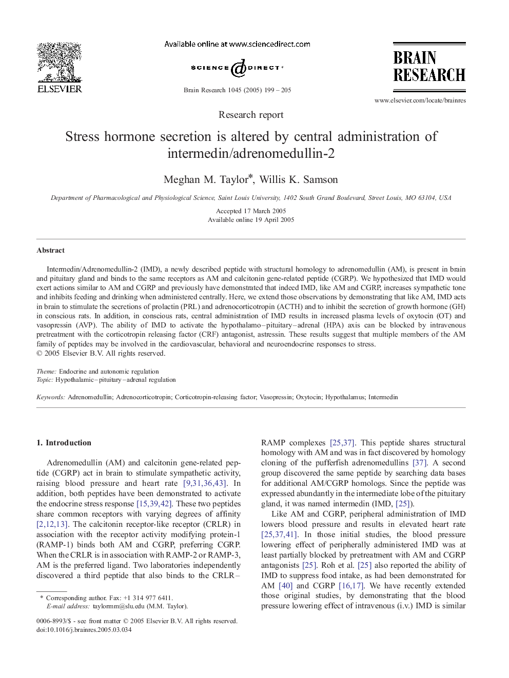 Stress hormone secretion is altered by central administration of intermedin/adrenomedullin-2