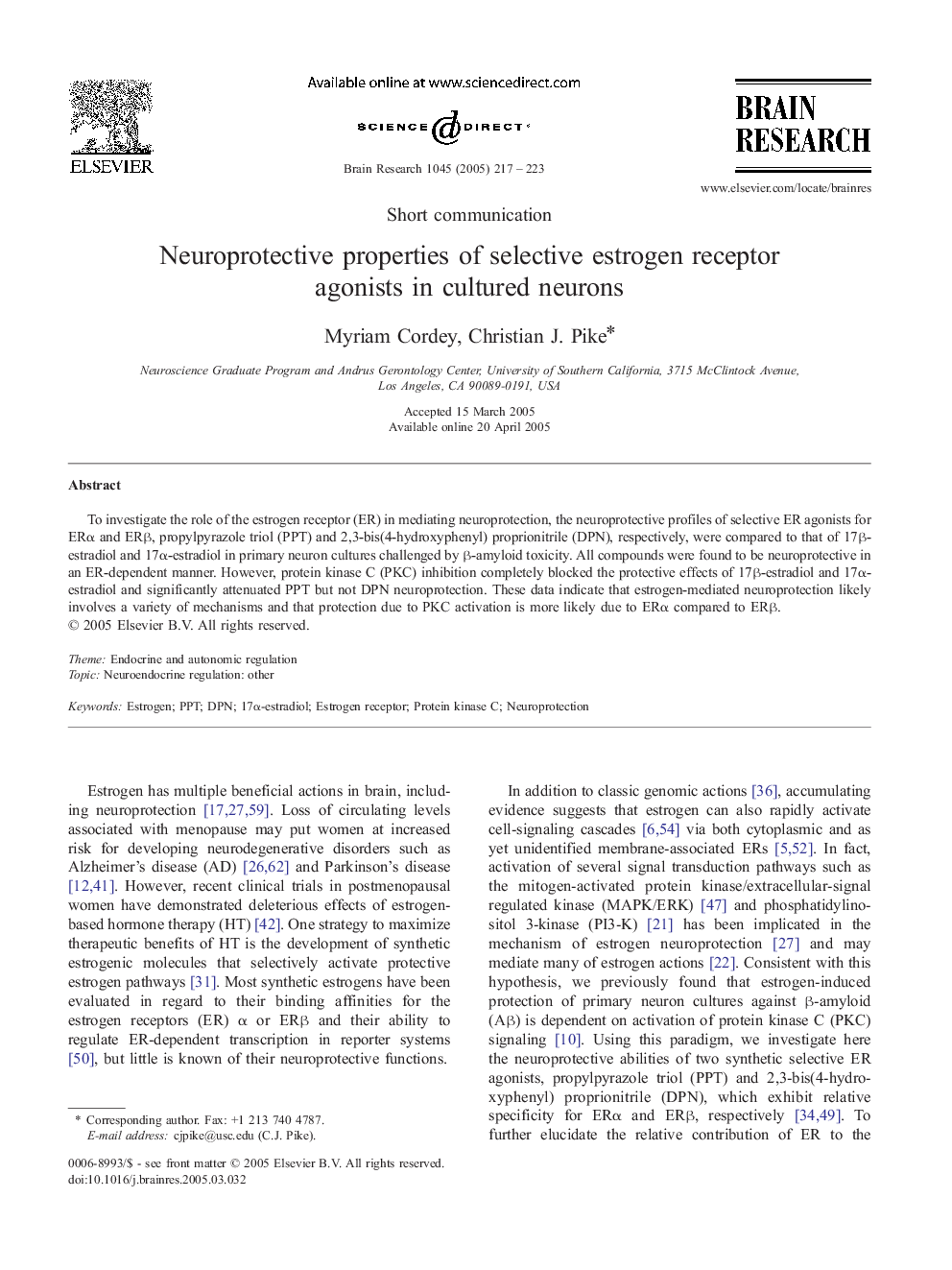 Neuroprotective properties of selective estrogen receptor agonists in cultured neurons