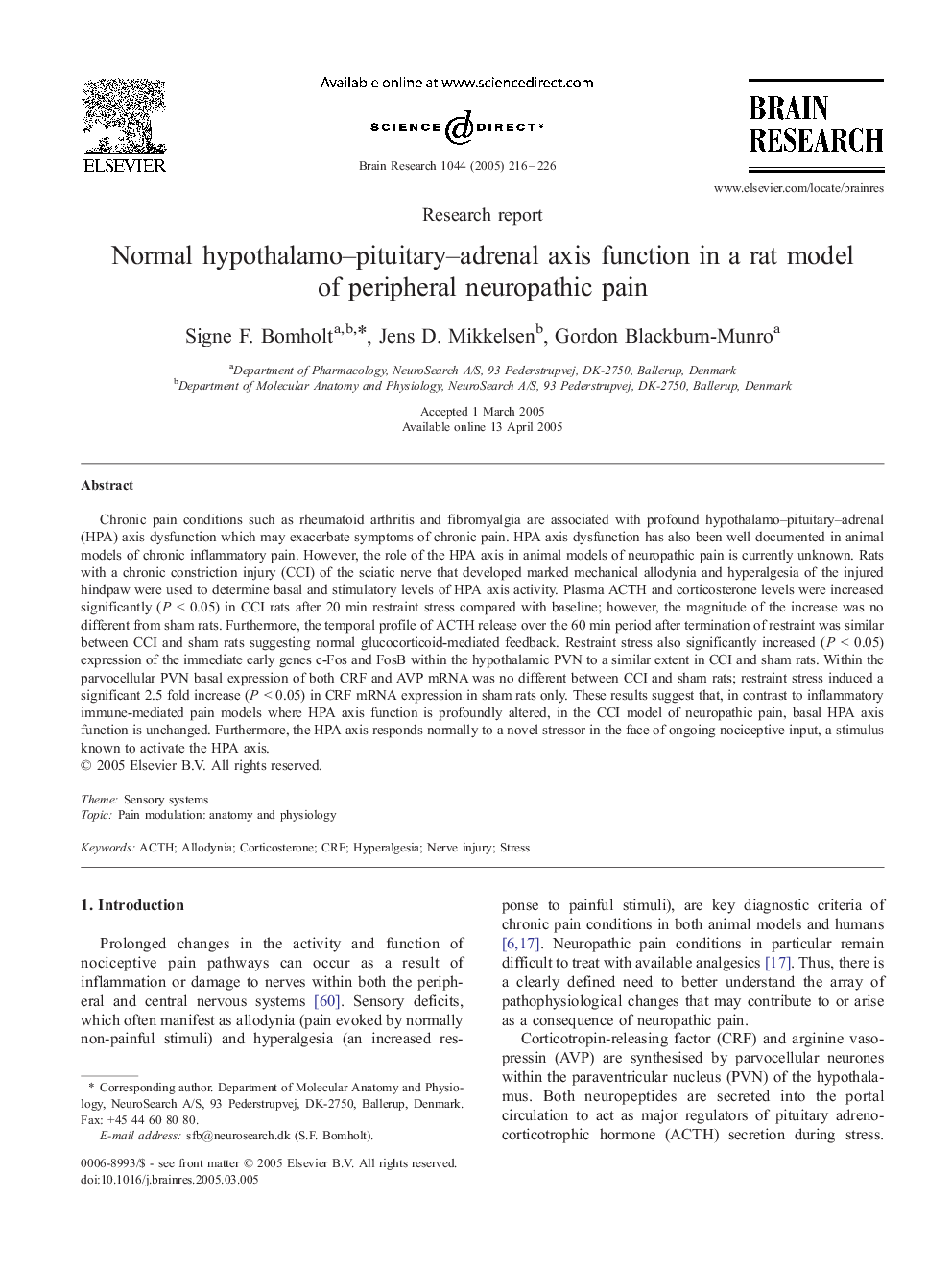 Normal hypothalamo-pituitary-adrenal axis function in a rat model of peripheral neuropathic pain