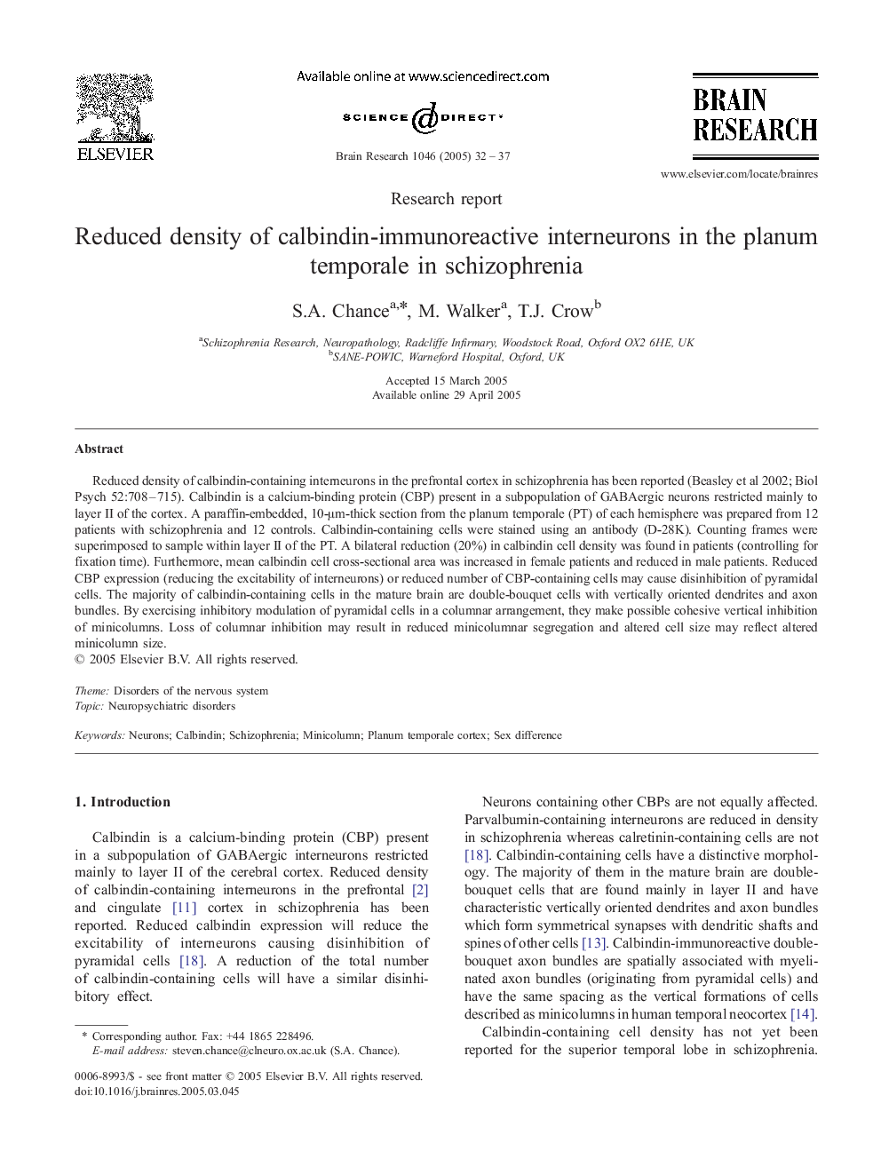 Reduced density of calbindin-immunoreactive interneurons in the planum temporale in schizophrenia