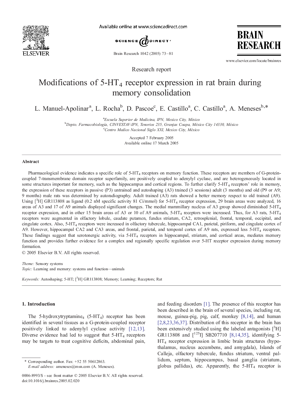 Modifications of 5-HT4 receptor expression in rat brain during memory consolidation