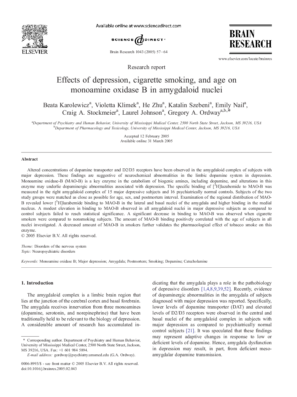 Effects of depression, cigarette smoking, and age on monoamine oxidase B in amygdaloid nuclei