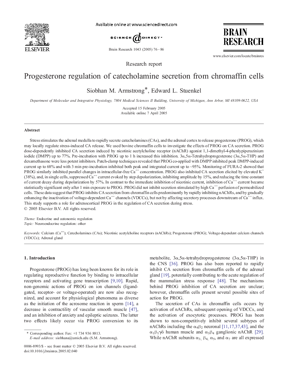 Progesterone regulation of catecholamine secretion from chromaffin cells