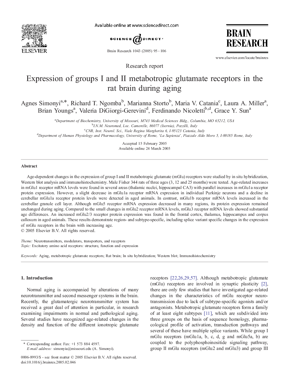 Expression of groups I and II metabotropic glutamate receptors in the rat brain during aging