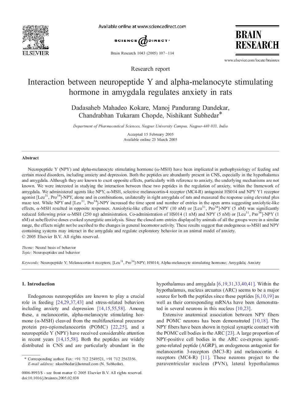 Interaction between neuropeptide Y and alpha-melanocyte stimulating hormone in amygdala regulates anxiety in rats