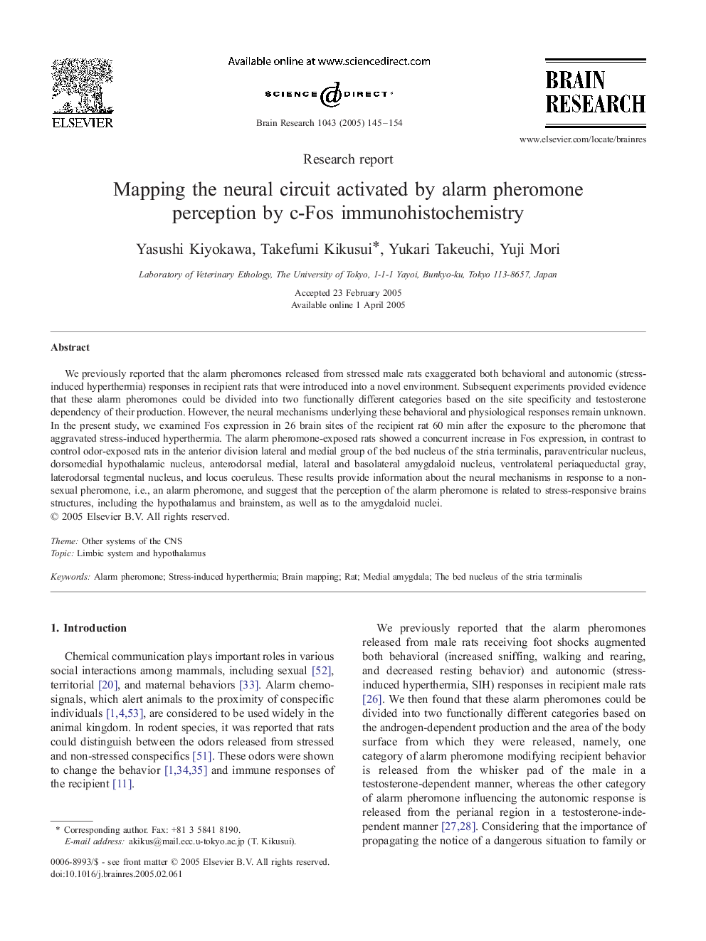 Mapping the neural circuit activated by alarm pheromone perception by c-Fos immunohistochemistry