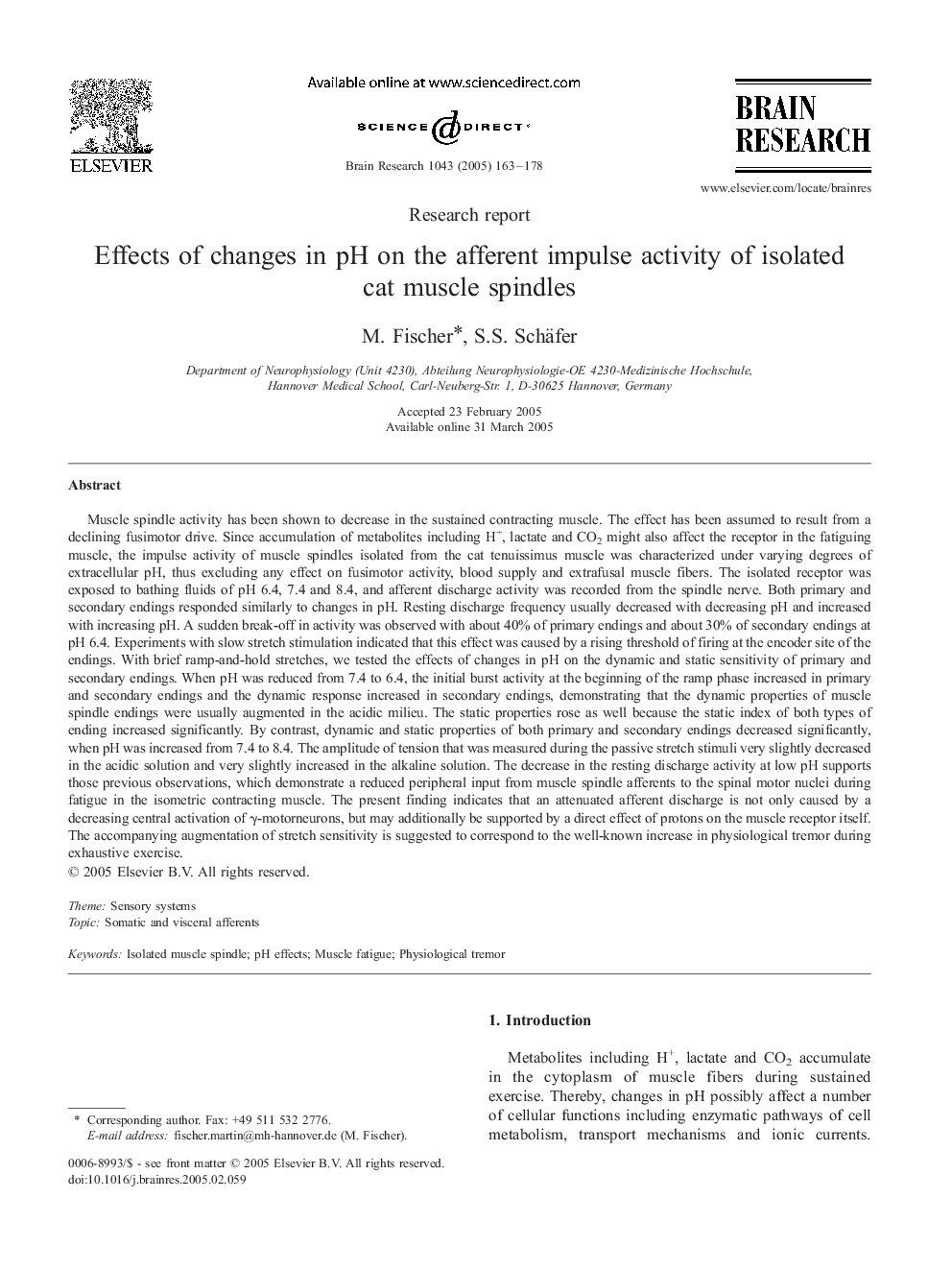 Effects of changes in pH on the afferent impulse activity of isolated cat muscle spindles