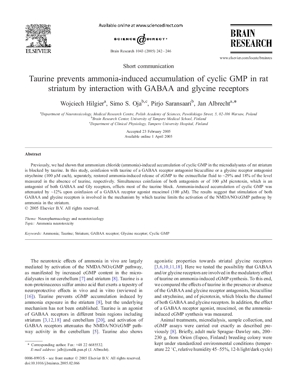 Taurine prevents ammonia-induced accumulation of cyclic GMP in rat striatum by interaction with GABAA and glycine receptors