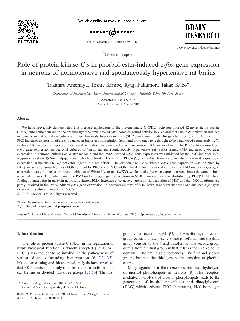 Role of protein kinase CÎ² in phorbol ester-induced c-fos gene expression in neurons of normotensive and spontaneously hypertensive rat brains