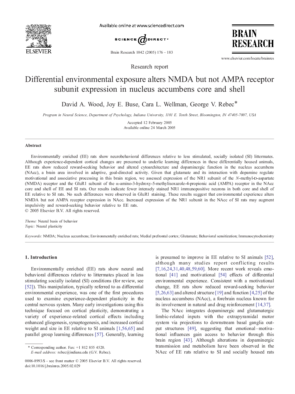 Differential environmental exposure alters NMDA but not AMPA receptor subunit expression in nucleus accumbens core and shell