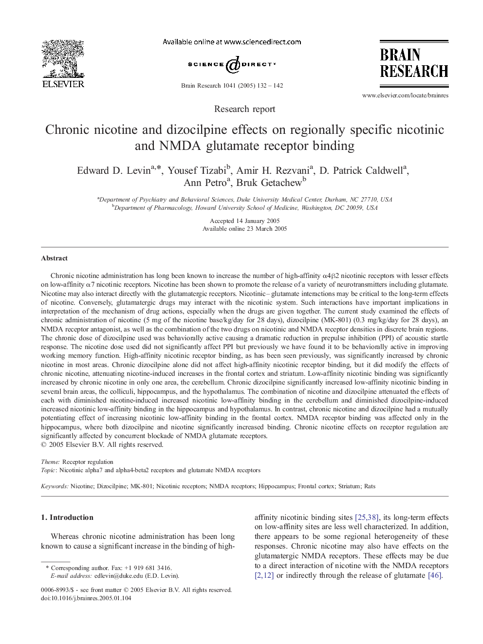Chronic nicotine and dizocilpine effects on regionally specific nicotinic and NMDA glutamate receptor binding