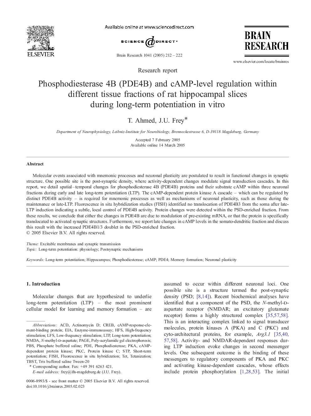 Phosphodiesterase 4B (PDE4B) and cAMP-level regulation within different tissue fractions of rat hippocampal slices during long-term potentiation in vitro