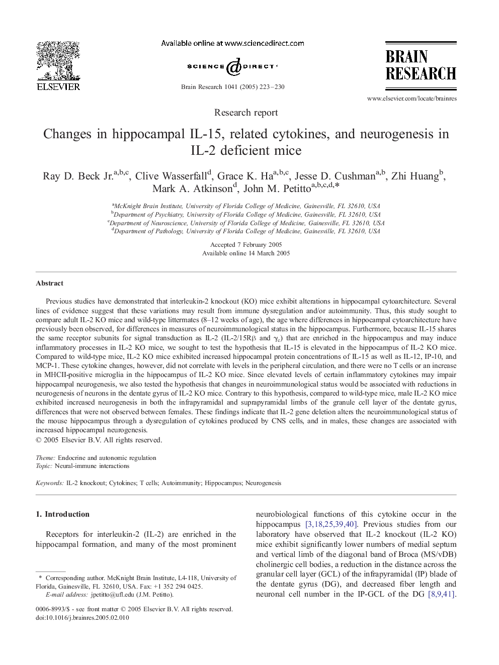 Changes in hippocampal IL-15, related cytokines, and neurogenesis in IL-2 deficient mice