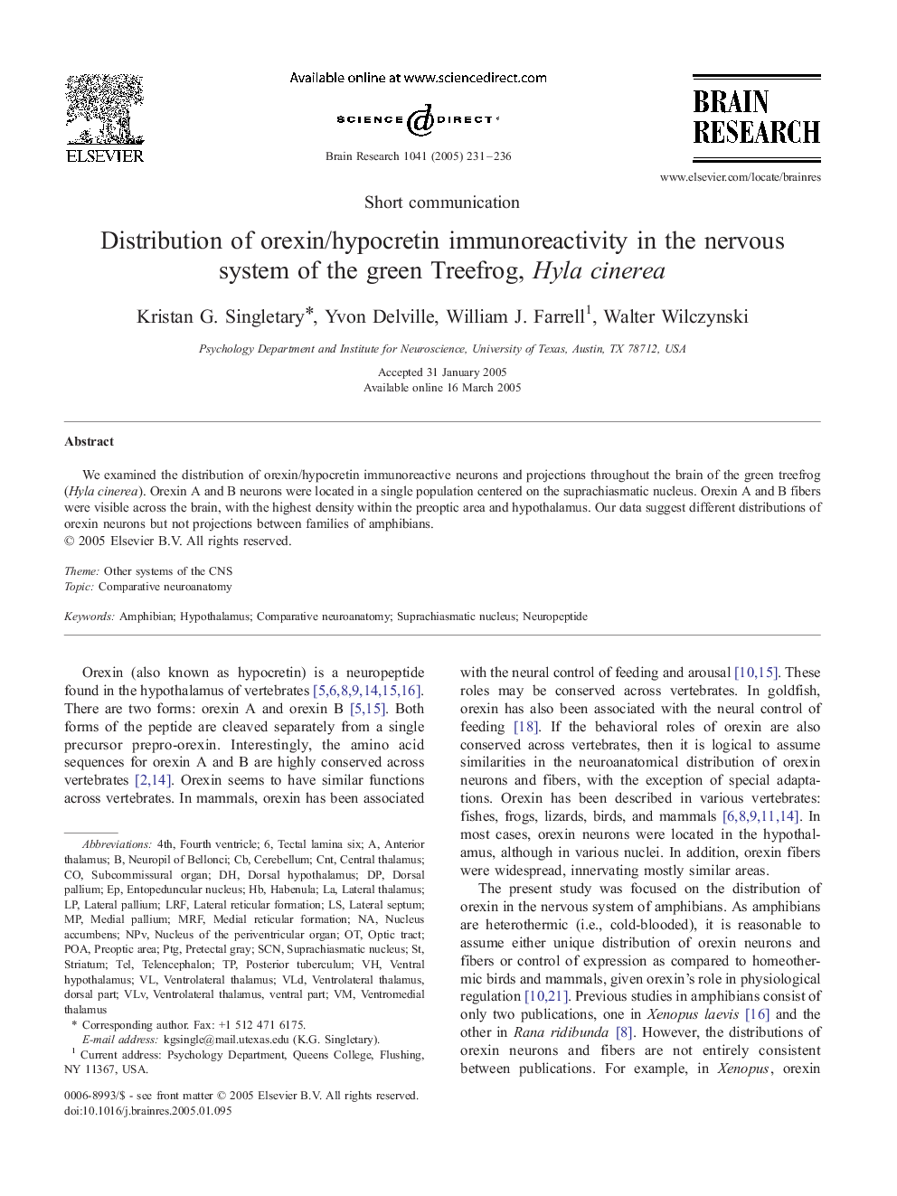 Distribution of orexin/hypocretin immunoreactivity in the nervous system of the green Treefrog, Hyla cinerea