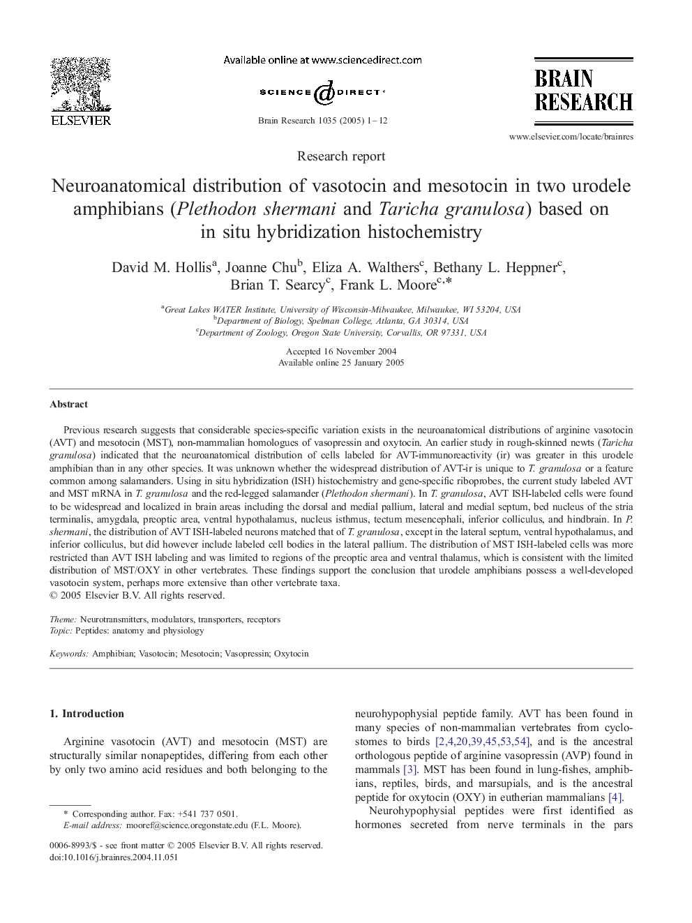 Neuroanatomical distribution of vasotocin and mesotocin in two urodele amphibians (Plethodon shermani and Taricha granulosa) based on in situ hybridization histochemistry