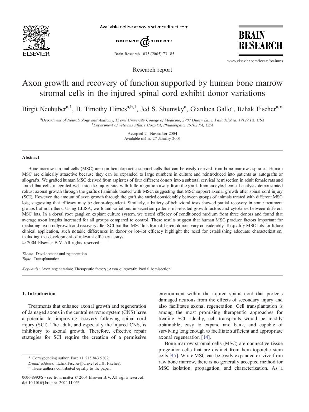 Axon growth and recovery of function supported by human bone marrow stromal cells in the injured spinal cord exhibit donor variations