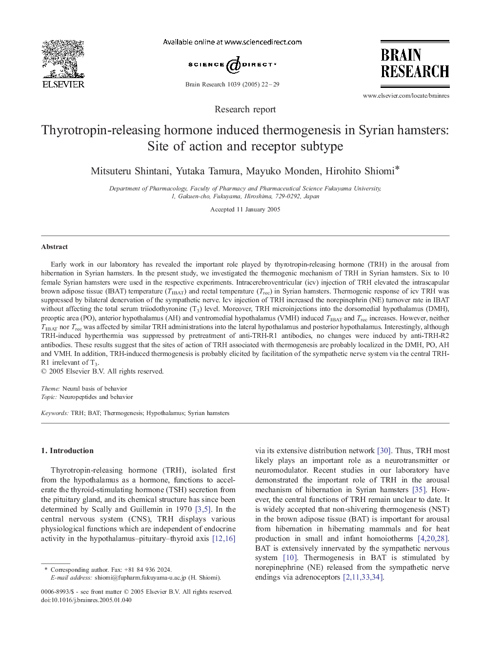 Thyrotropin-releasing hormone induced thermogenesis in Syrian hamsters: Site of action and receptor subtype