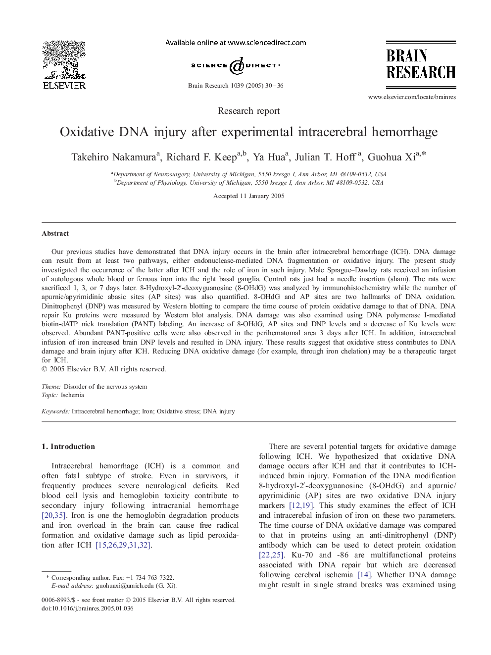 Oxidative DNA injury after experimental intracerebral hemorrhage