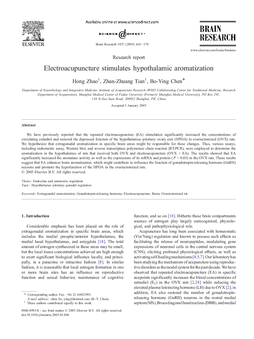 Electroacupuncture stimulates hypothalamic aromatization