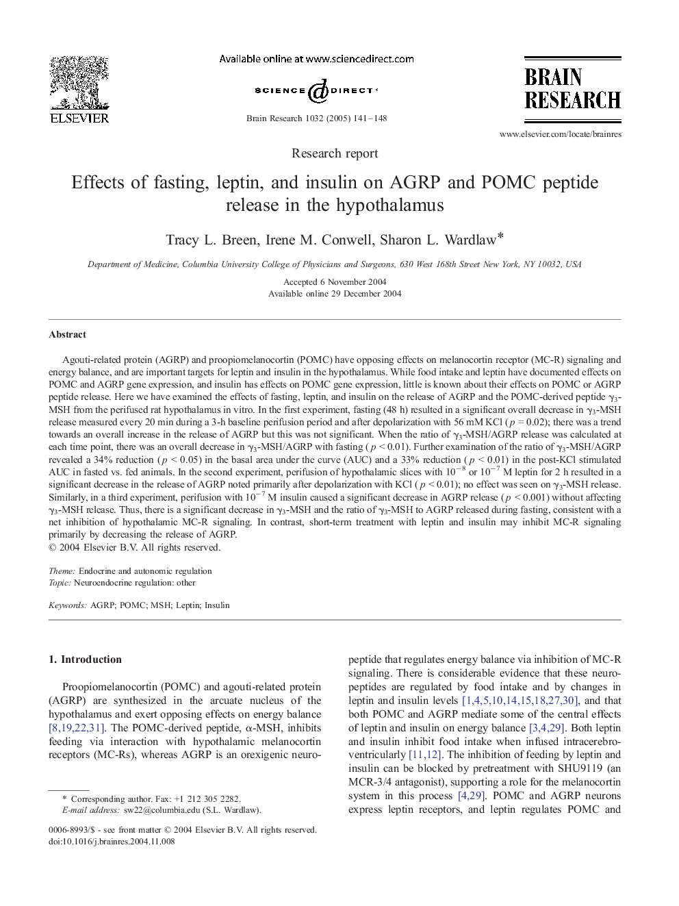 Effects of fasting, leptin, and insulin on AGRP and POMC peptide release in the hypothalamus