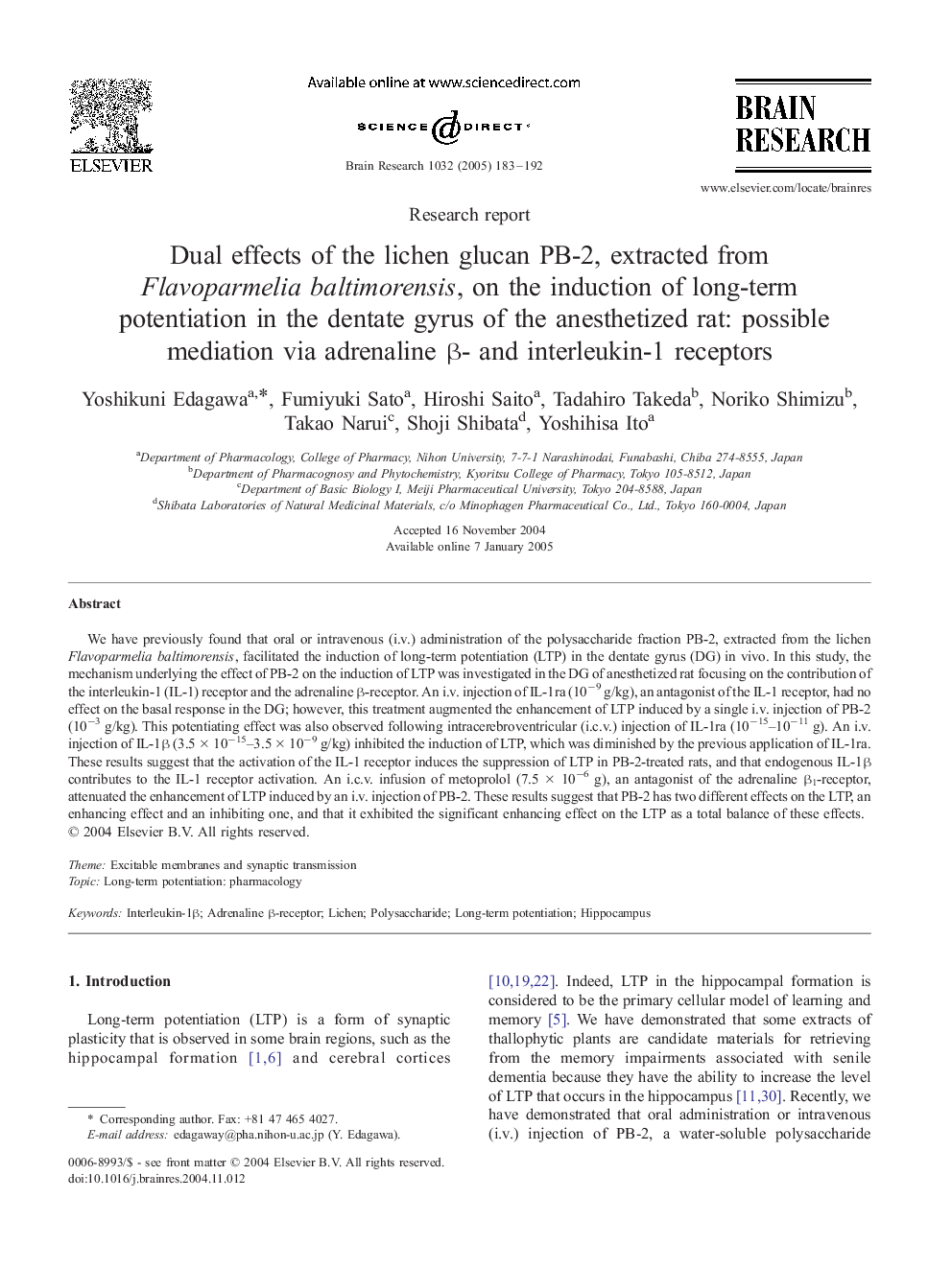 Dual effects of the lichen glucan PB-2, extracted from Flavoparmelia baltimorensis, on the induction of long-term potentiation in the dentate gyrus of the anesthetized rat: possible mediation via adrenaline Î²- and interleukin-1 receptors