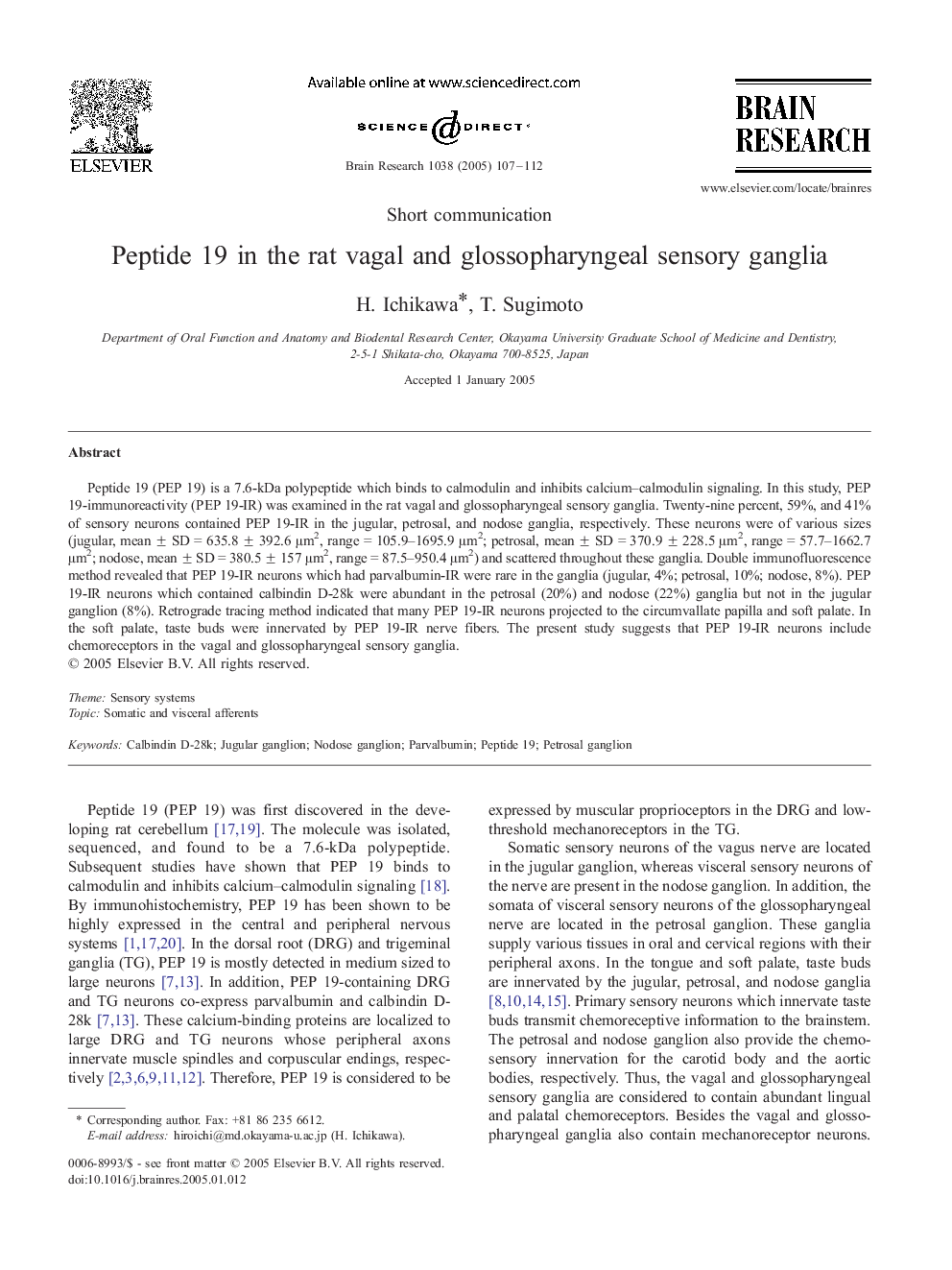 Peptide 19 in the rat vagal and glossopharyngeal sensory ganglia