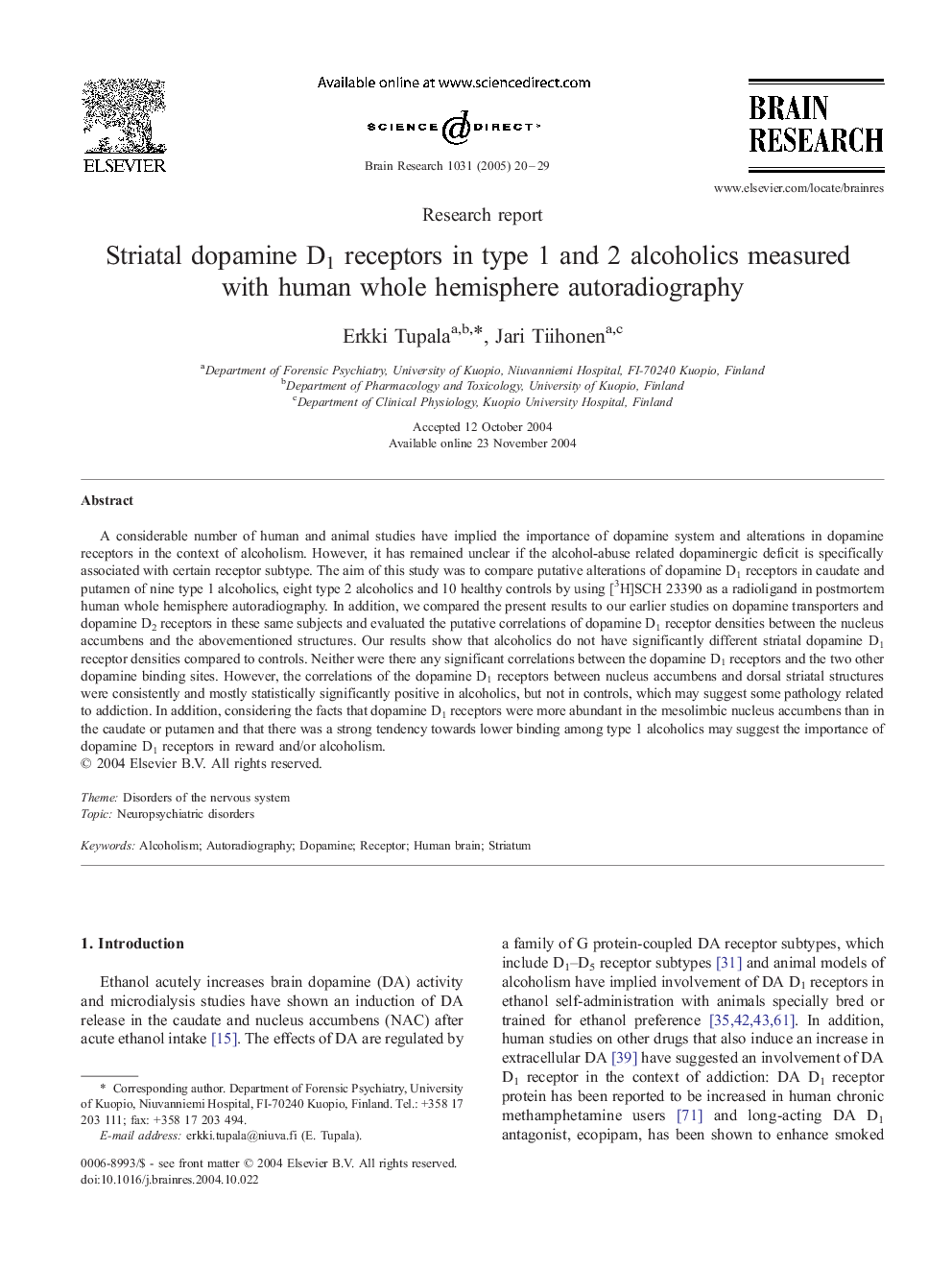 Striatal dopamine D1 receptors in type 1 and 2 alcoholics measured with human whole hemisphere autoradiography