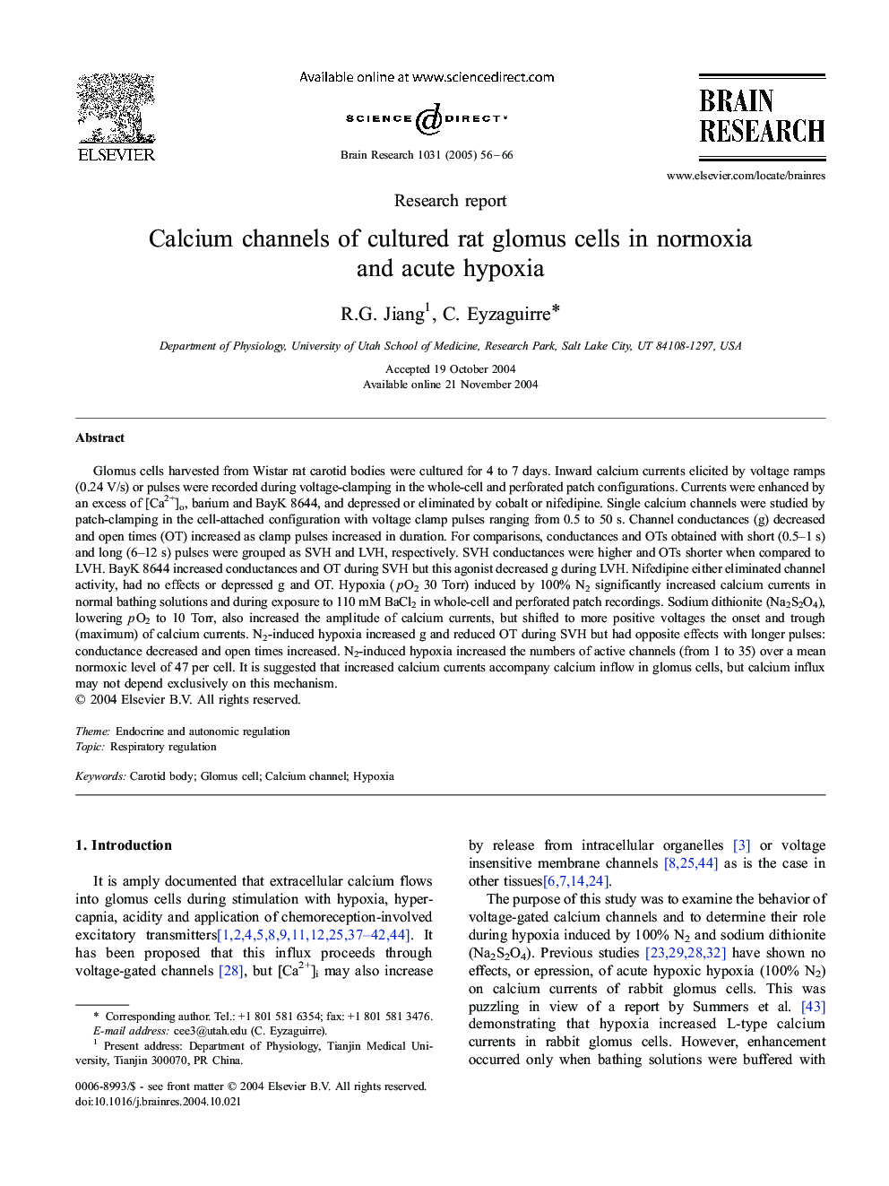 Calcium channels of cultured rat glomus cells in normoxia and acute hypoxia