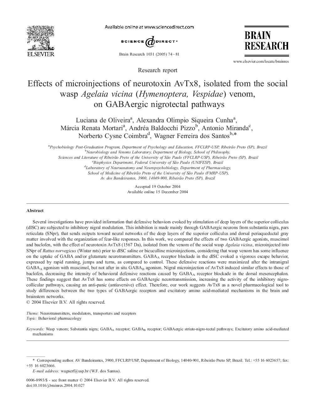 Effects of microinjections of neurotoxin AvTx8, isolated from the social wasp Agelaia vicina (Hymenoptera, Vespidae) venom, on GABAergic nigrotectal pathways