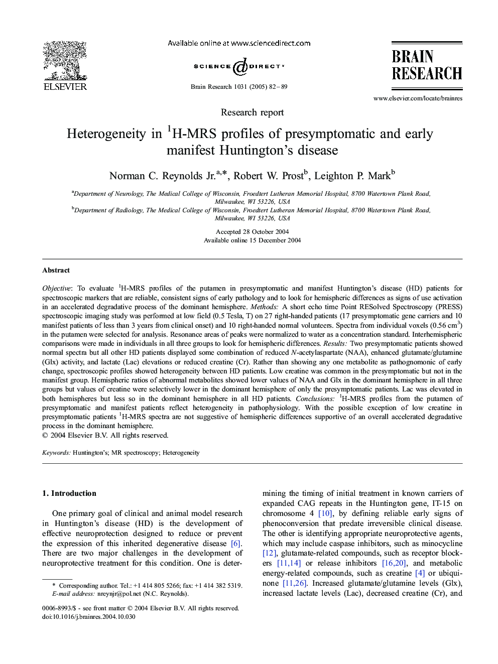 Heterogeneity in 1H-MRS profiles of presymptomatic and early manifest Huntington's disease