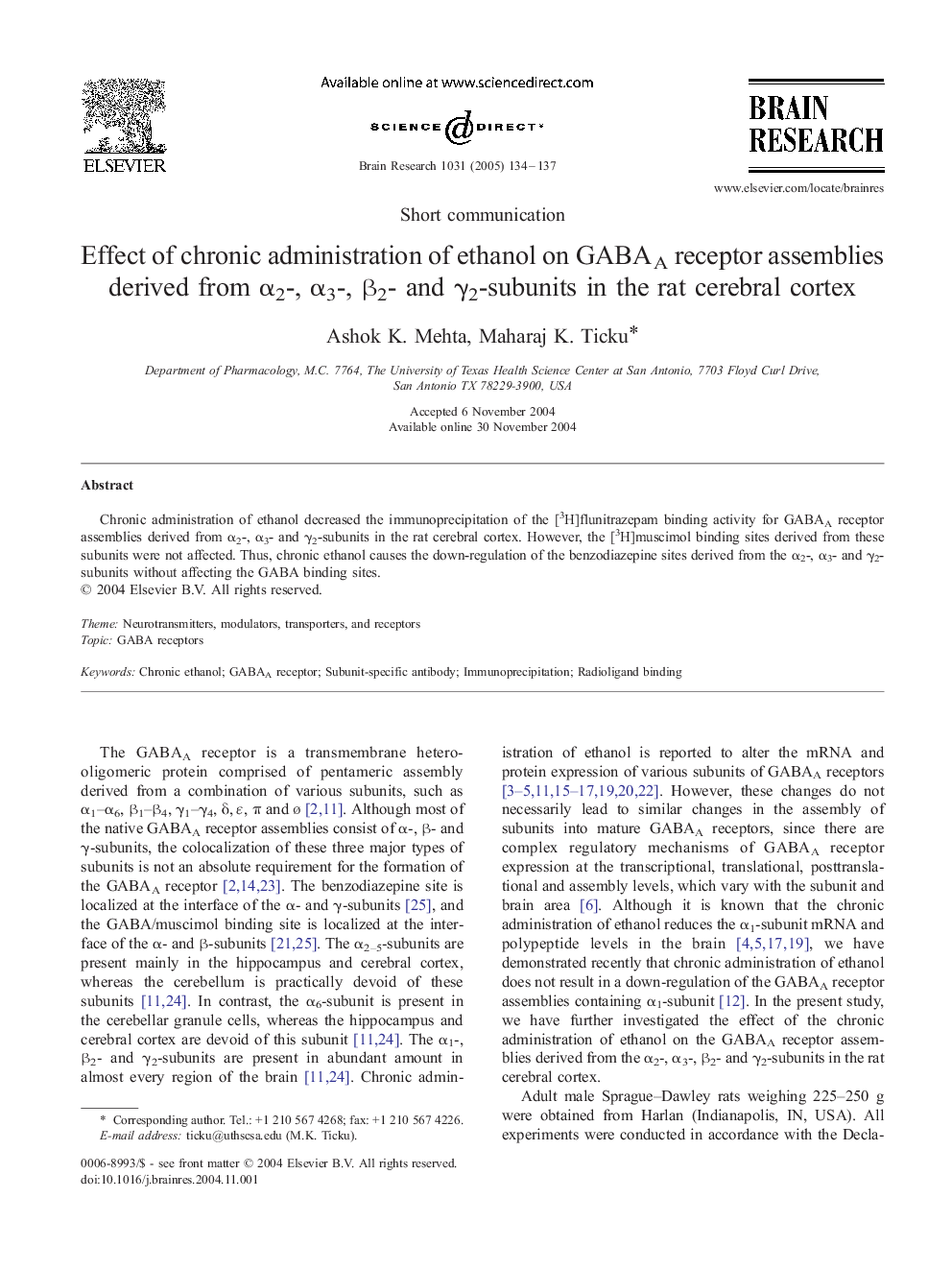 Effect of chronic administration of ethanol on GABAA receptor assemblies derived from Î±2-, Î±3-, Î²2- and Î³2-subunits in the rat cerebral cortex