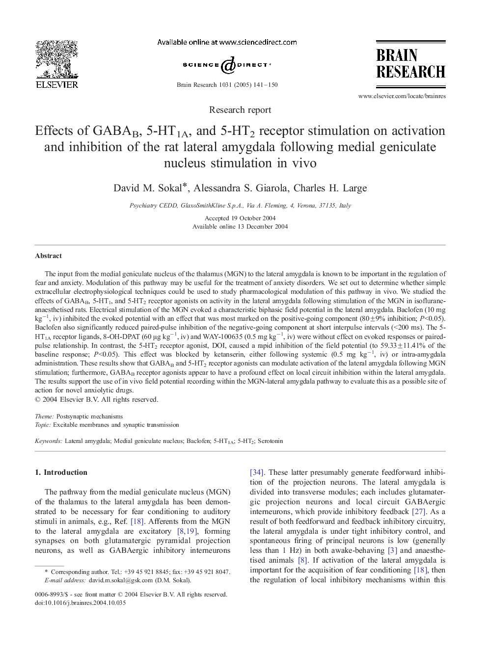 Effects of GABAB, 5-HT1A, and 5-HT2 receptor stimulation on activation and inhibition of the rat lateral amygdala following medial geniculate nucleus stimulation in vivo