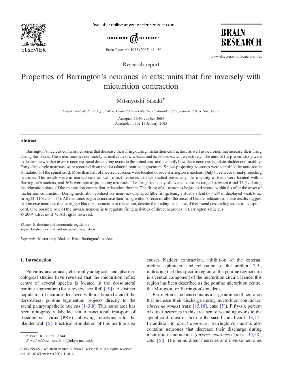 Properties of Barrington's neurones in cats: units that fire inversely with micturition contraction