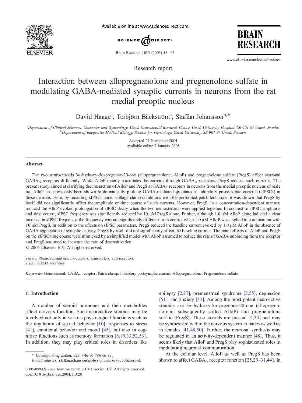 Interaction between allopregnanolone and pregnenolone sulfate in modulating GABA-mediated synaptic currents in neurons from the rat medial preoptic nucleus