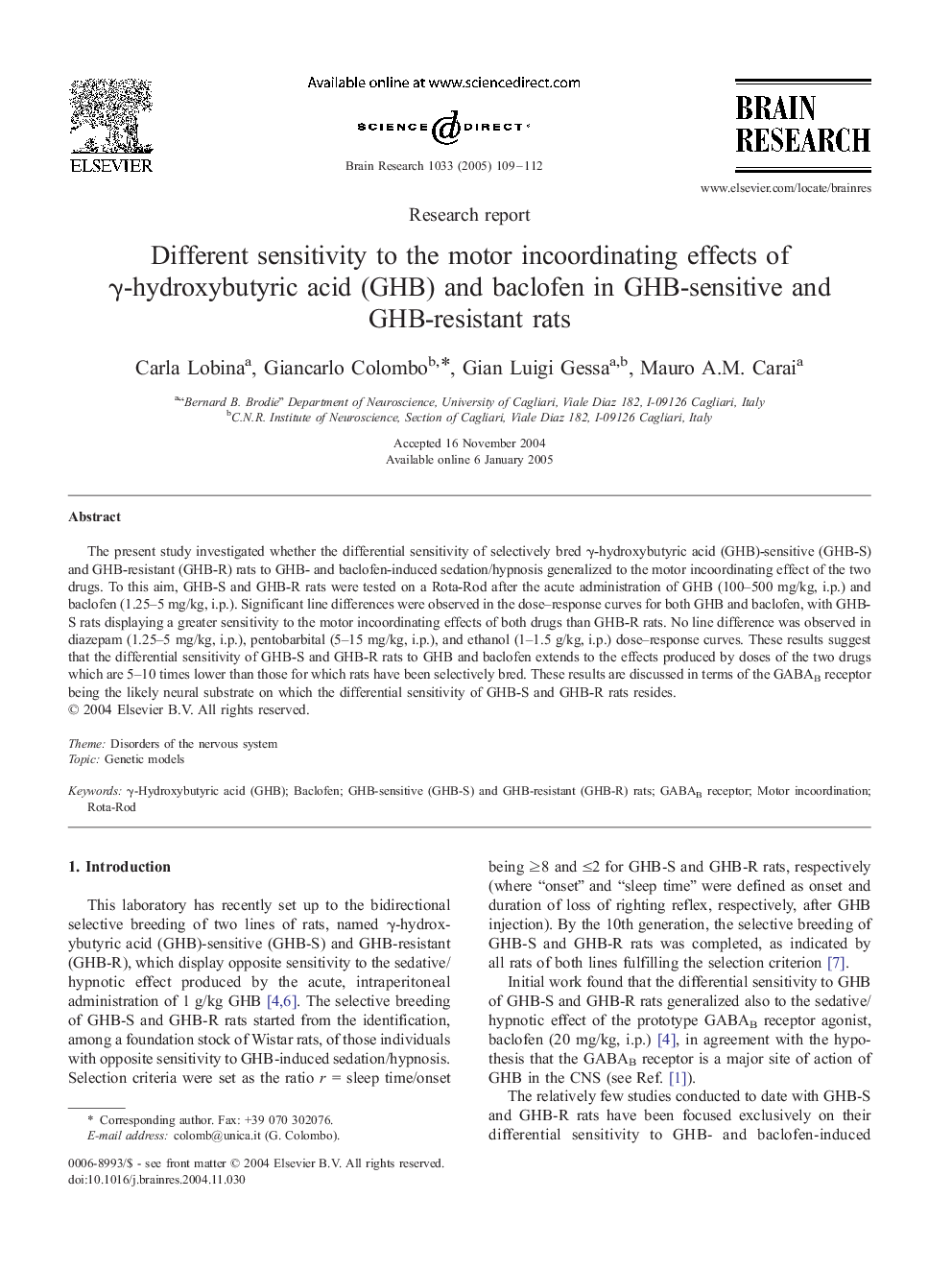 Different sensitivity to the motor incoordinating effects of Î³-hydroxybutyric acid (GHB) and baclofen in GHB-sensitive and GHB-resistant rats