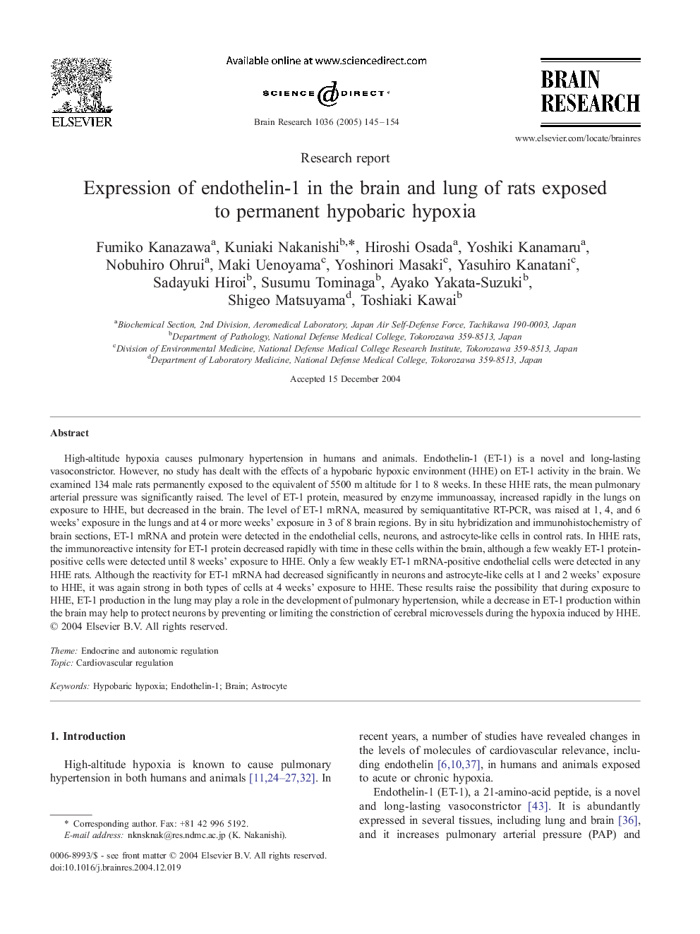 Expression of endothelin-1 in the brain and lung of rats exposed to permanent hypobaric hypoxia