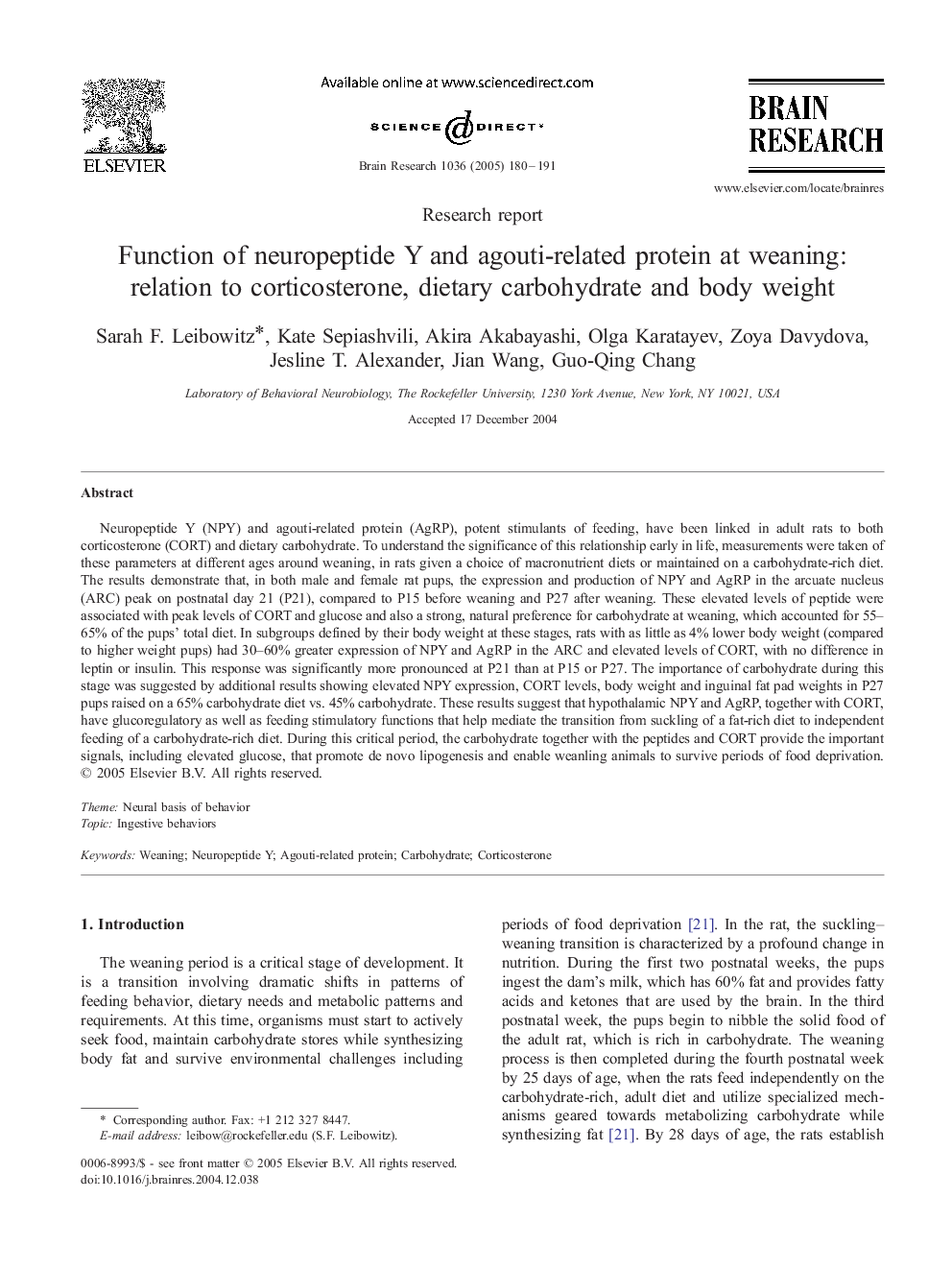 Function of neuropeptide Y and agouti-related protein at weaning: relation to corticosterone, dietary carbohydrate and body weight