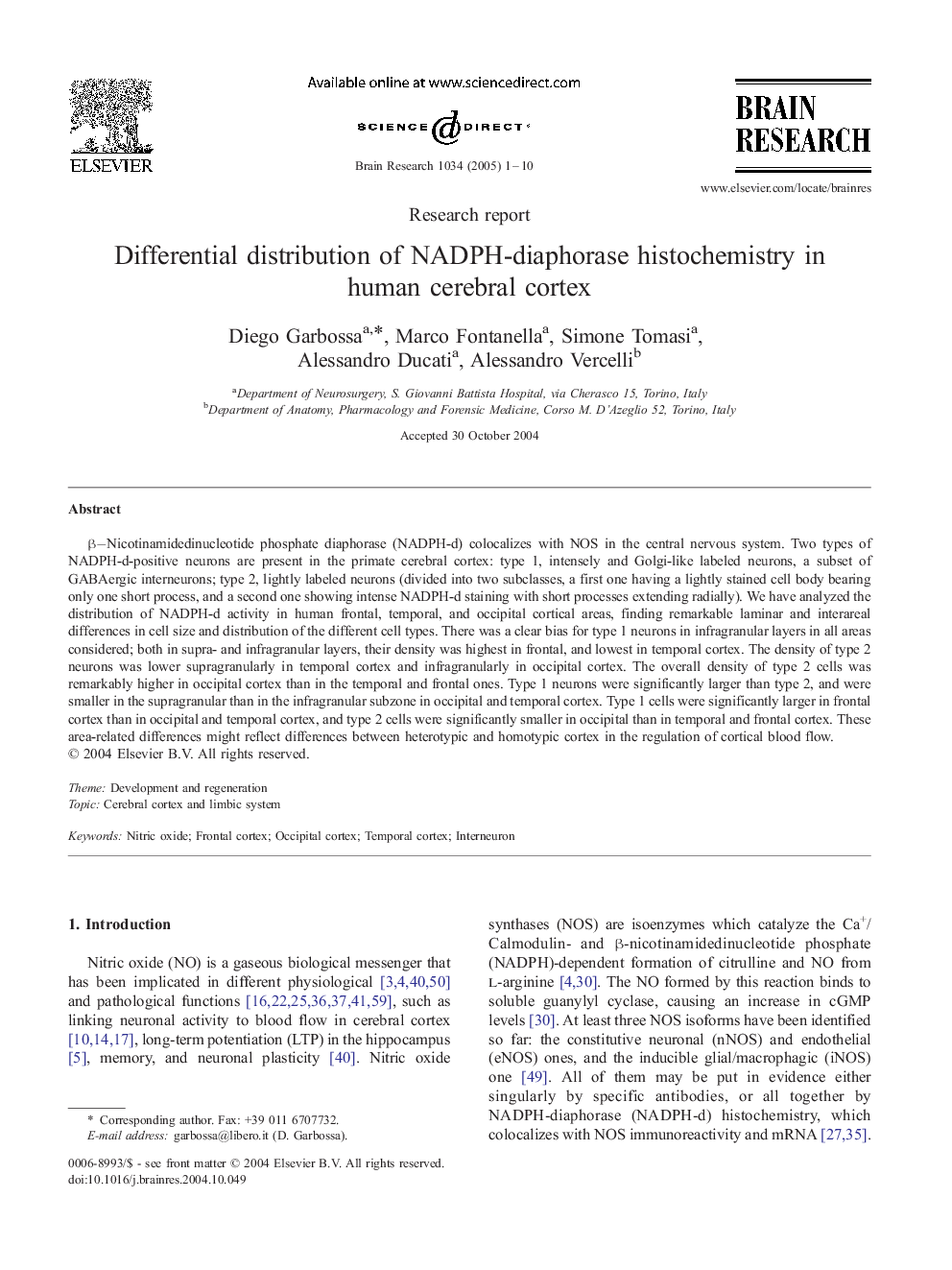 Differential distribution of NADPH-diaphorase histochemistry in human cerebral cortex