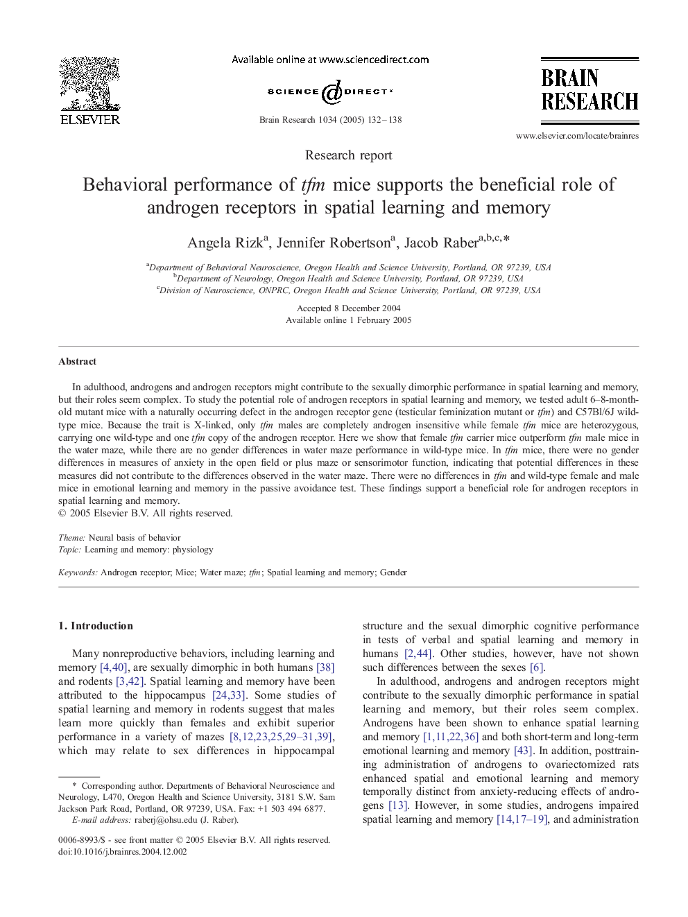 Behavioral performance of tfm mice supports the beneficial role of androgen receptors in spatial learning and memory