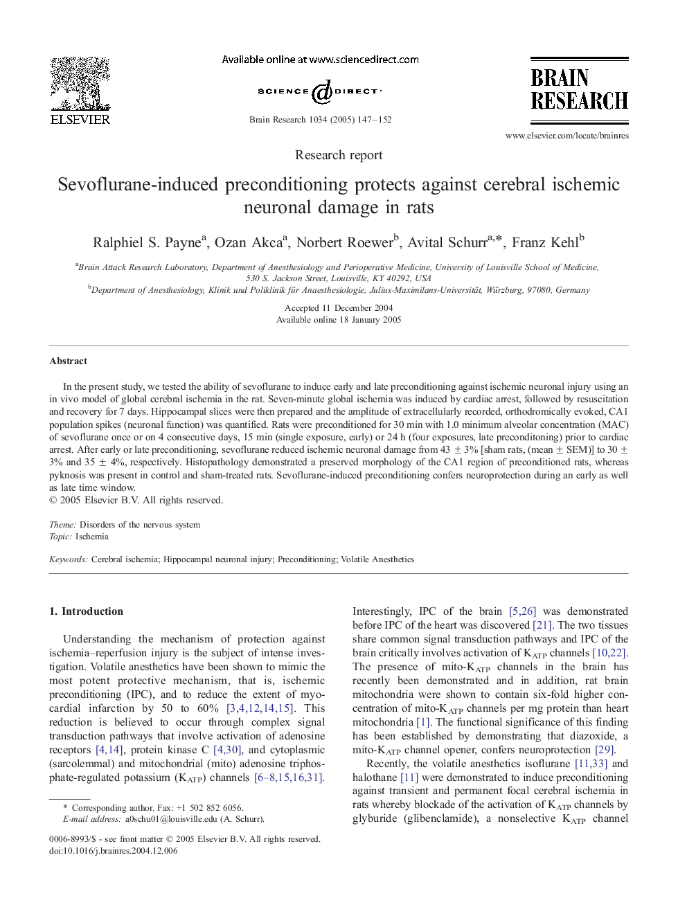 Sevoflurane-induced preconditioning protects against cerebral ischemic neuronal damage in rats