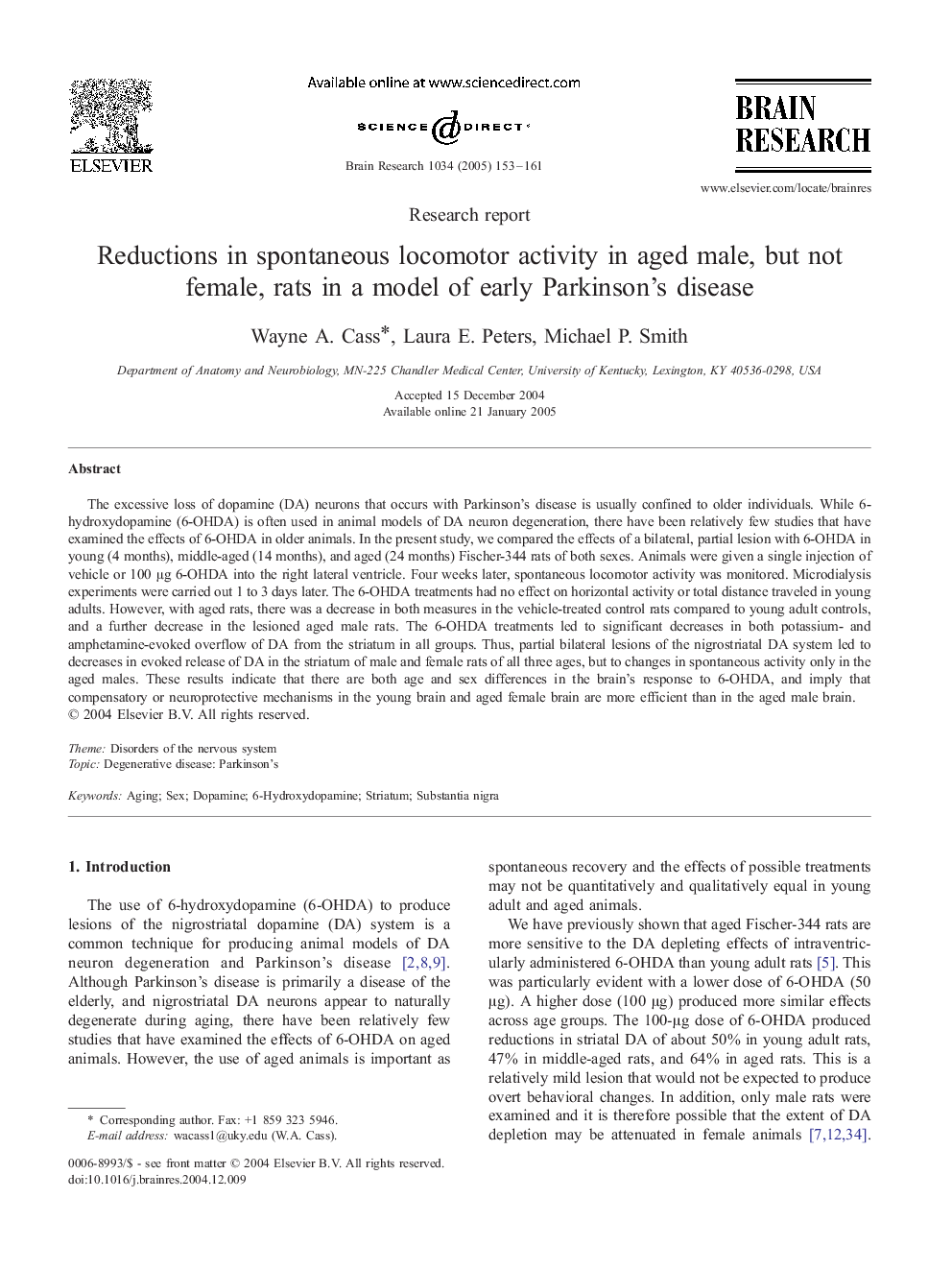 Reductions in spontaneous locomotor activity in aged male, but not female, rats in a model of early Parkinson's disease