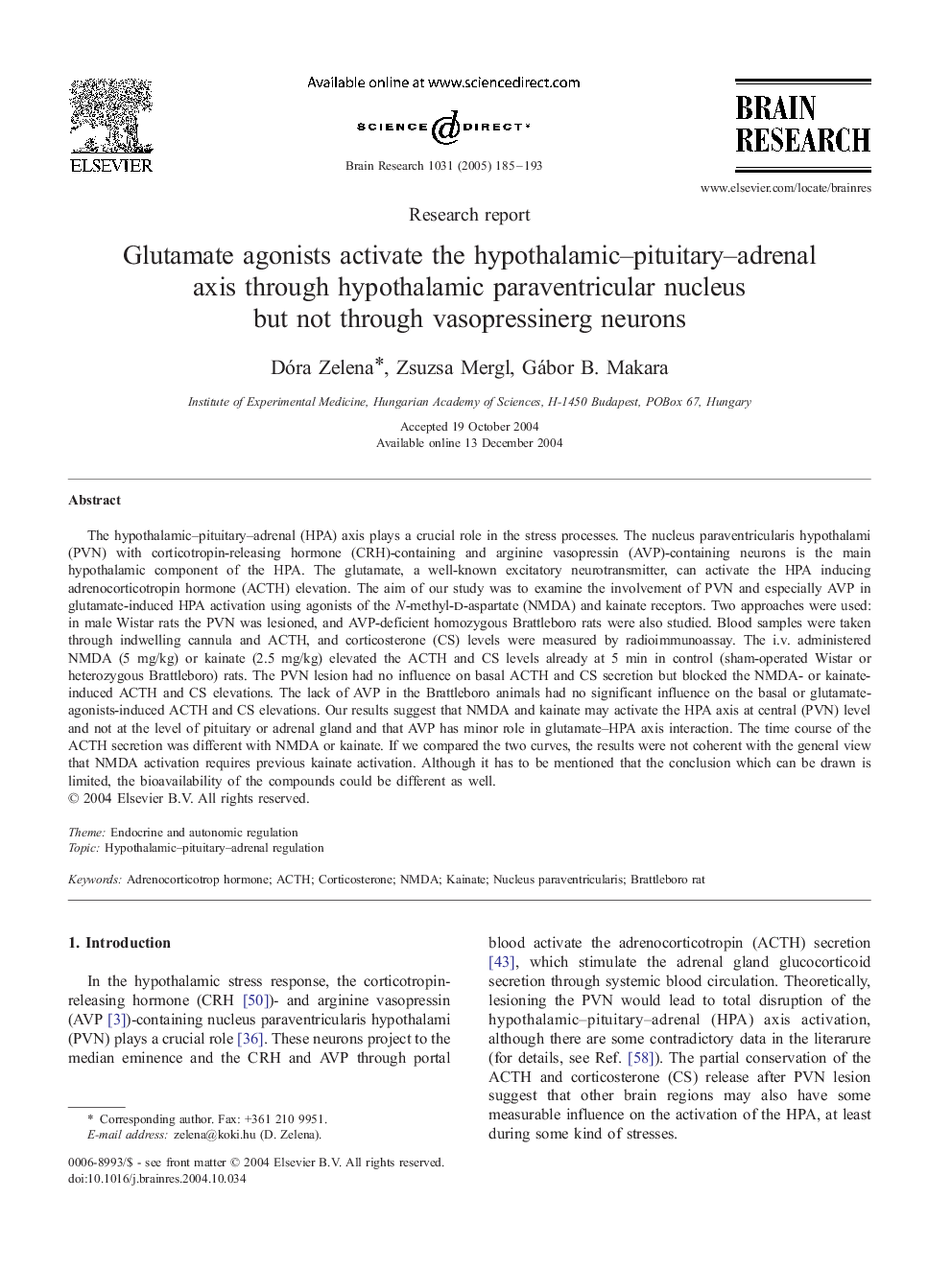 Glutamate agonists activate the hypothalamic-pituitary-adrenal axis through hypothalamic paraventricular nucleus but not through vasopressinerg neurons