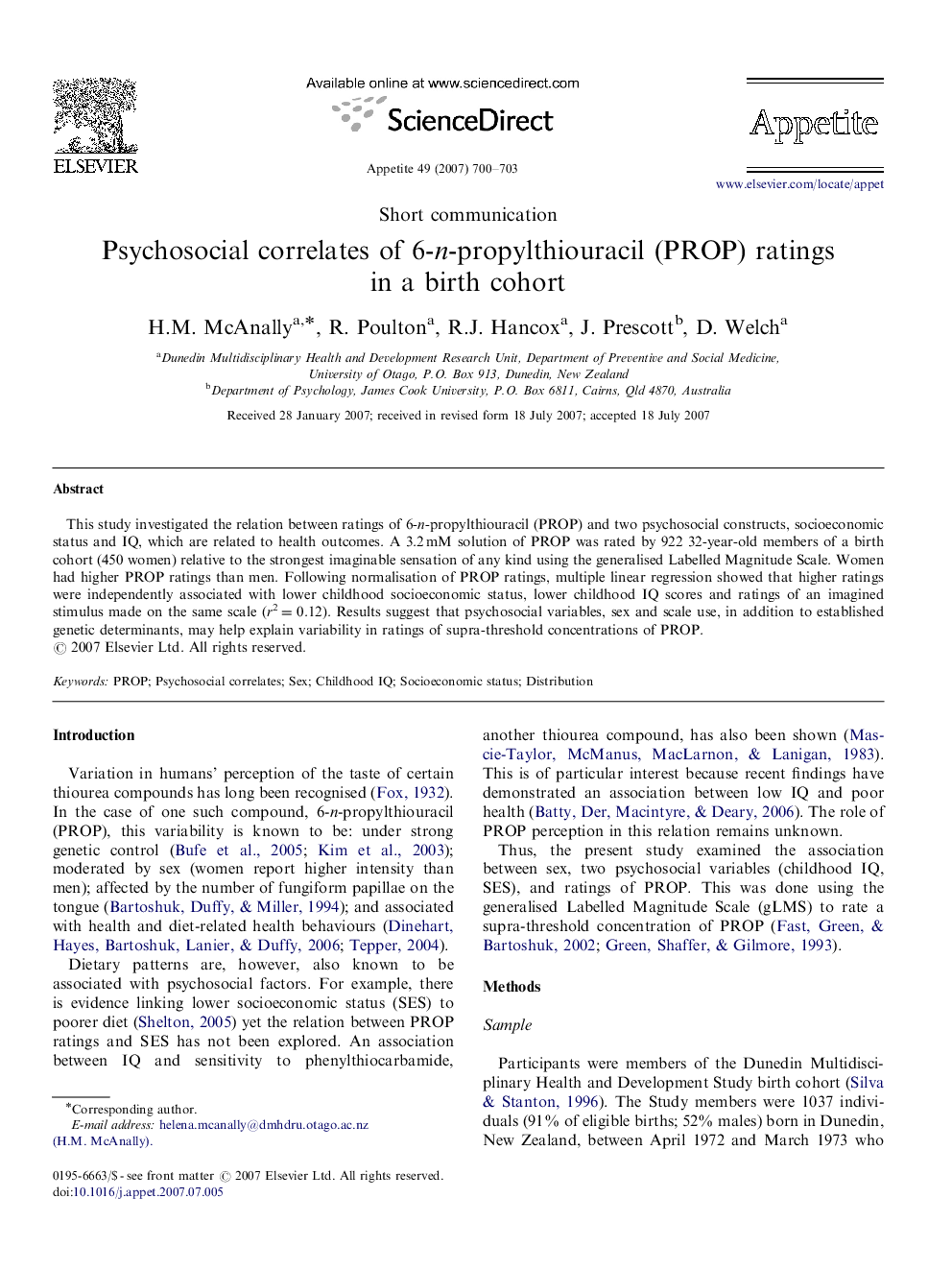 Psychosocial correlates of 6-n-propylthiouracil (PROP) ratings in a birth cohort