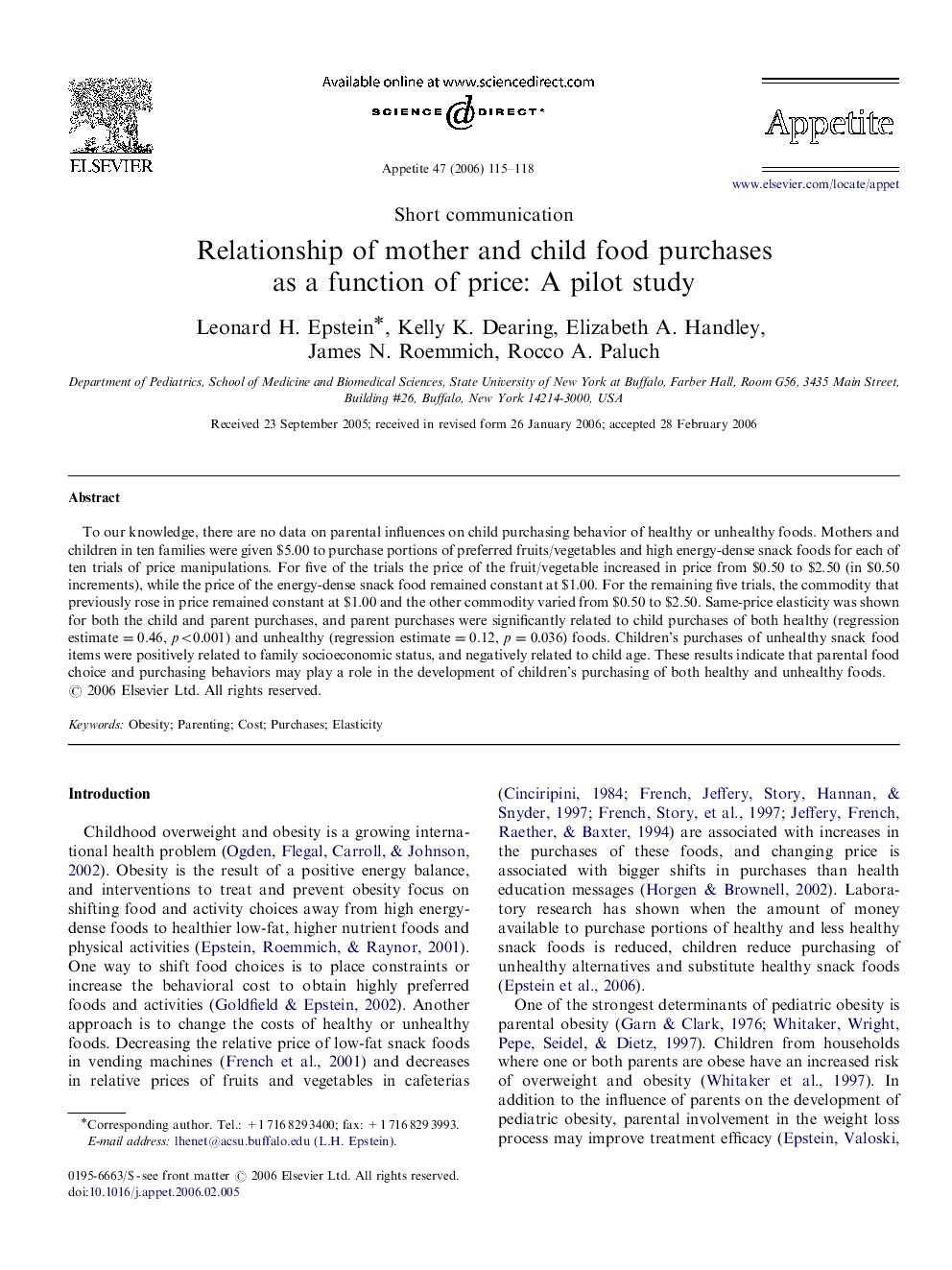 Relationship of mother and child food purchases as a function of price: A pilot study