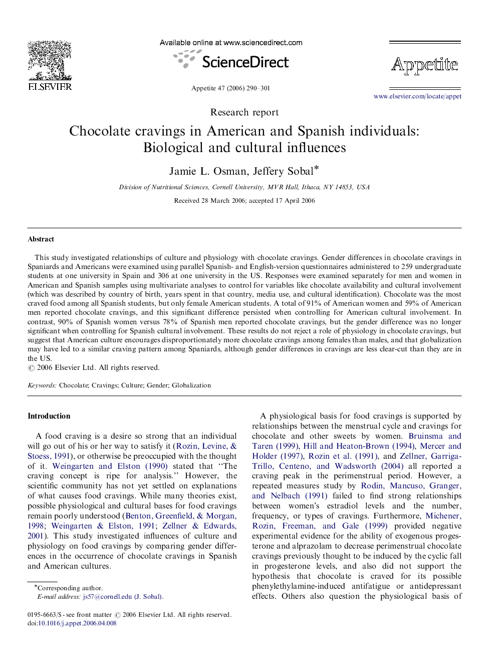 Chocolate cravings in American and Spanish individuals: Biological and cultural influences