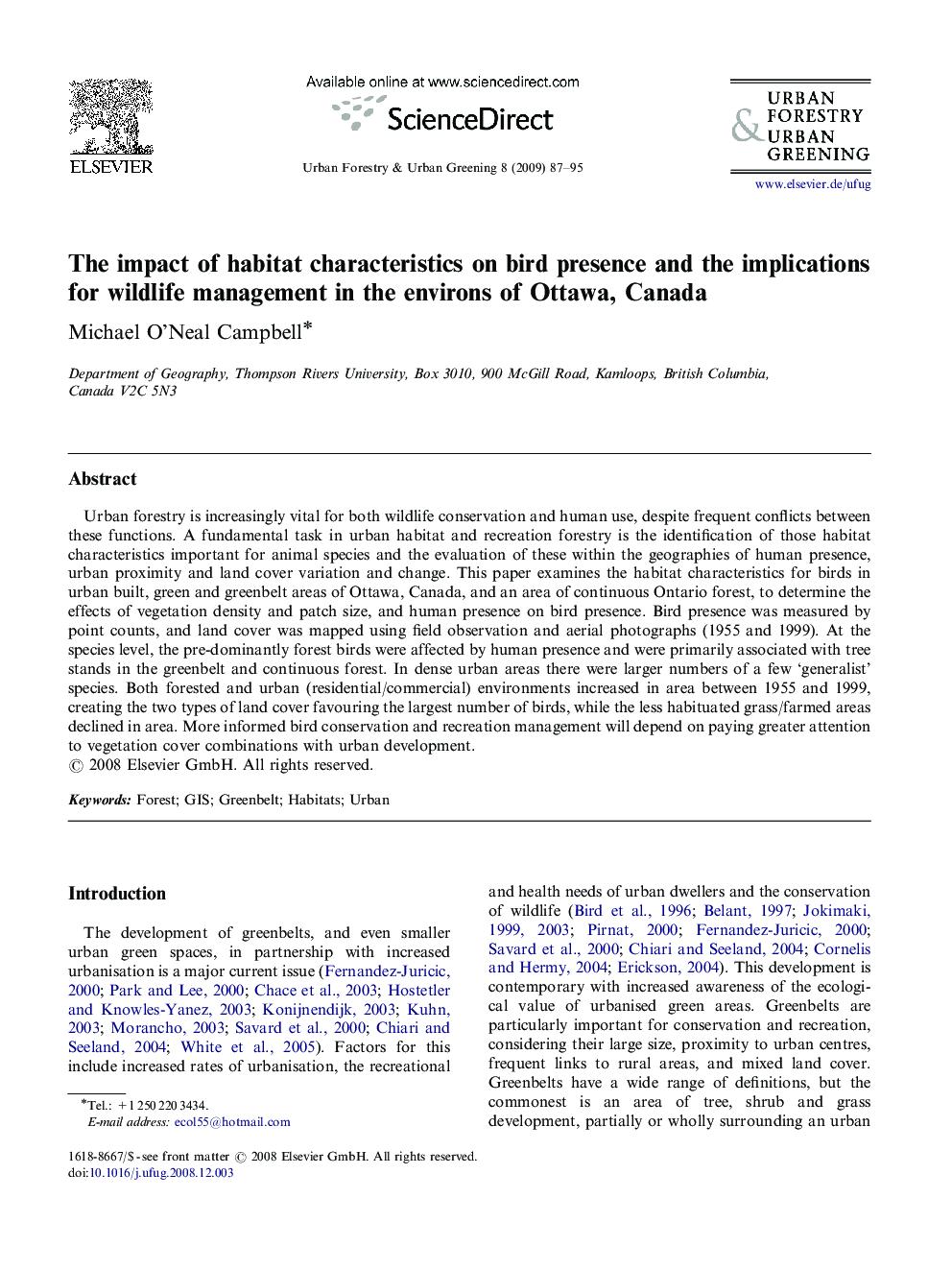 The impact of habitat characteristics on bird presence and the implications for wildlife management in the environs of Ottawa, Canada