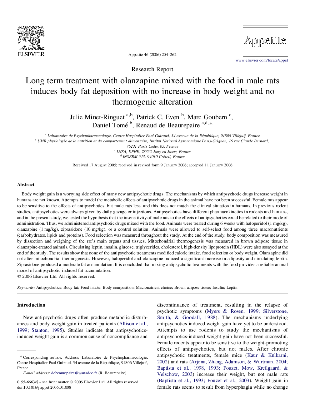 Long term treatment with olanzapine mixed with the food in male rats induces body fat deposition with no increase in body weight and no thermogenic alteration